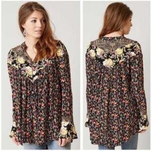 Free People Wildflower Fields Tunic Top Small Floral Black